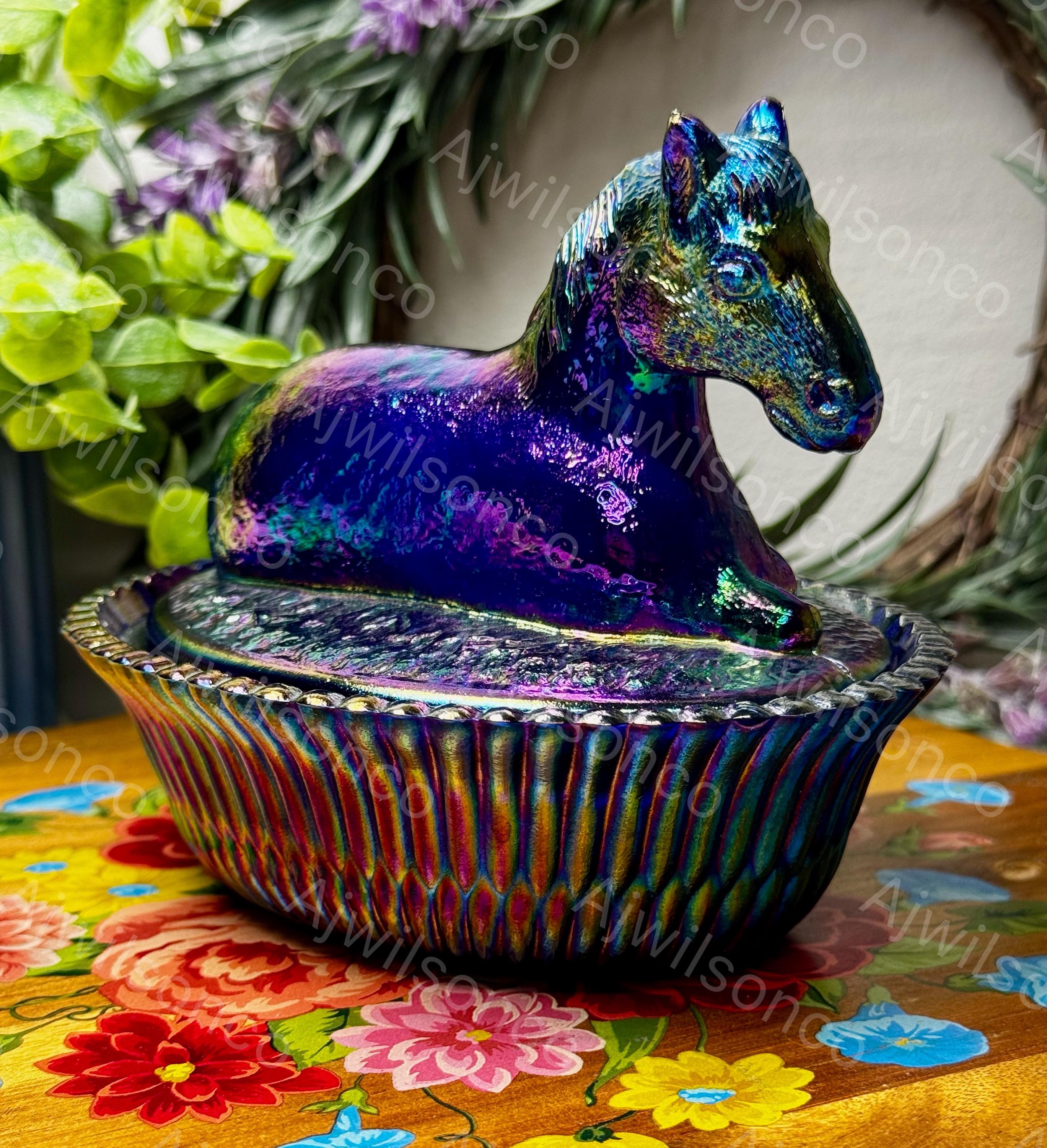Vintage Summit Art Glass Cobalt Carnival Glass Horse on Nest Candy