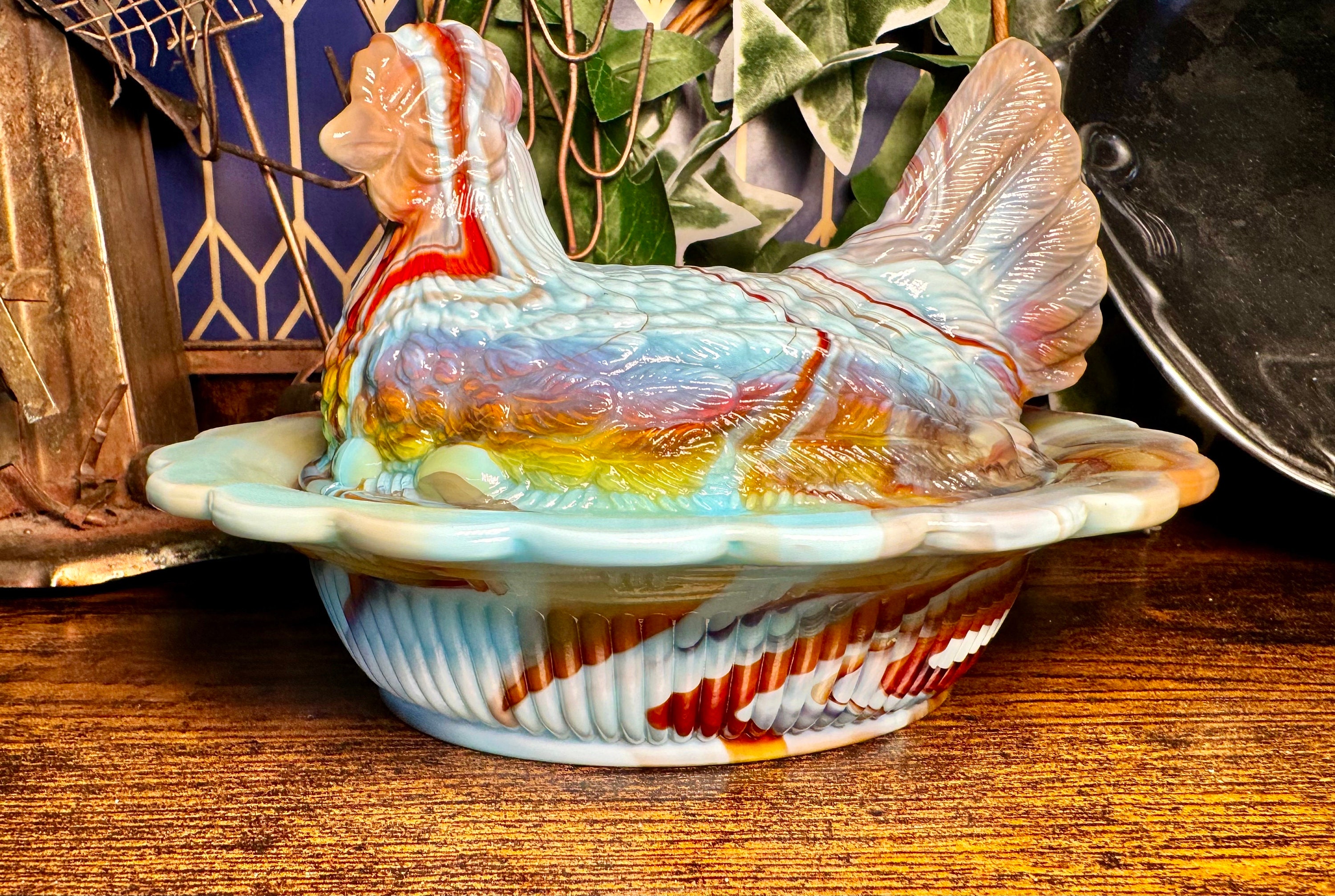 Super RARE Vintage Mosser Glass Fantasia Slag Turquoise Rust UV