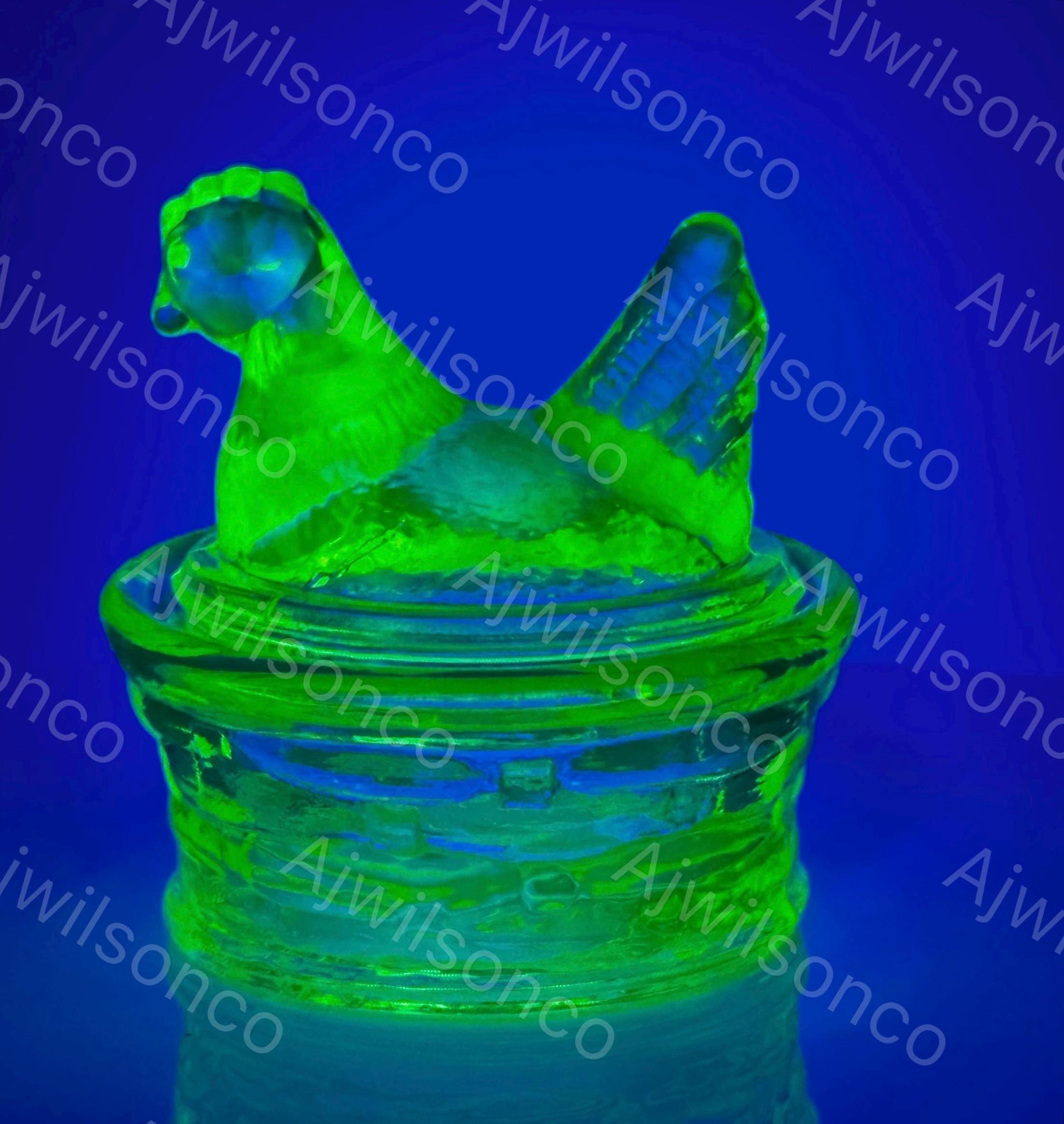 Vintage E.E. Bowman Vaseline Yellow Miniature UV Glass Hen on Nest
