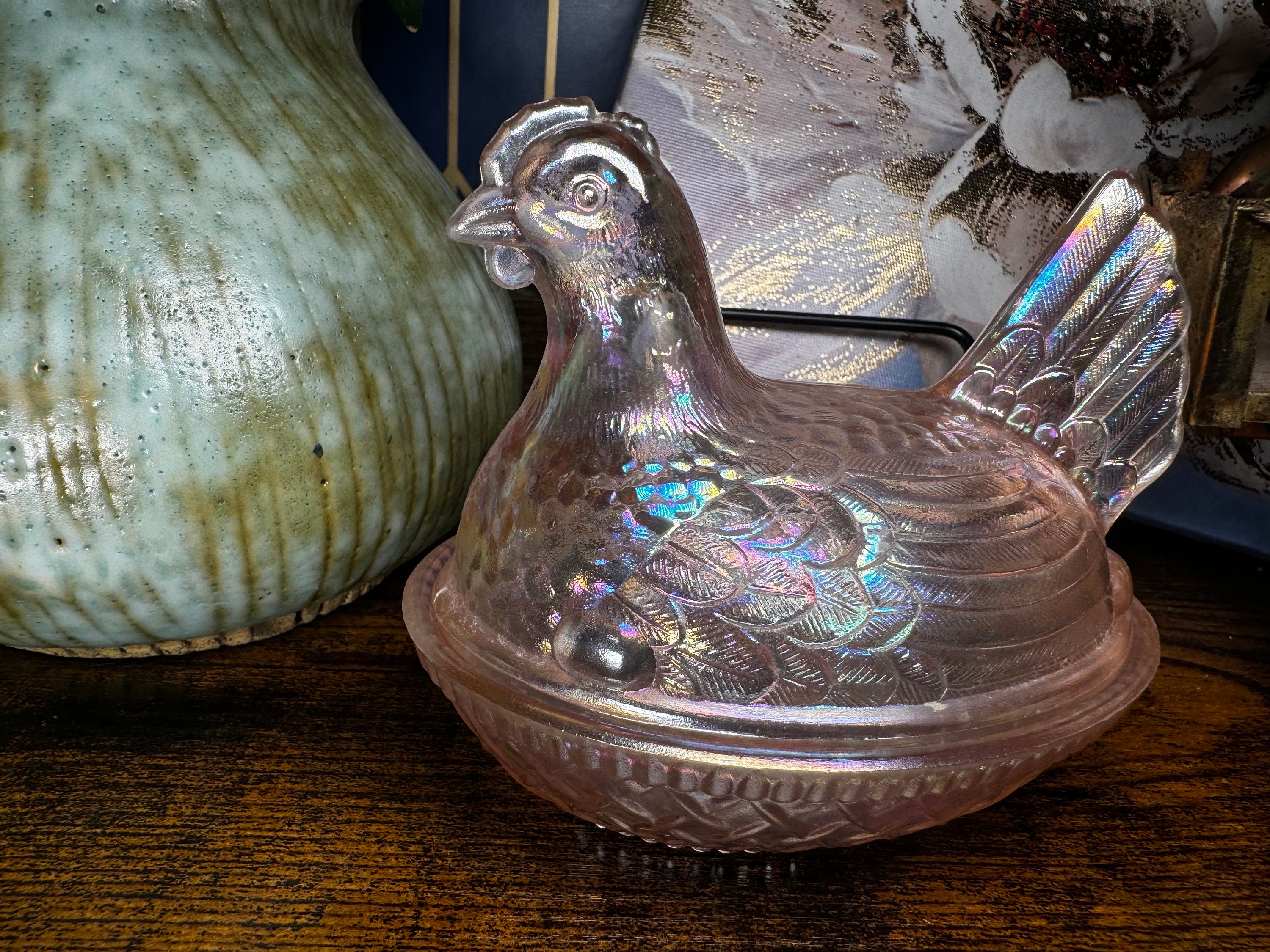 Vintage Lenox Imperial Glass Pink Carnival Glass Split Tail Hen on