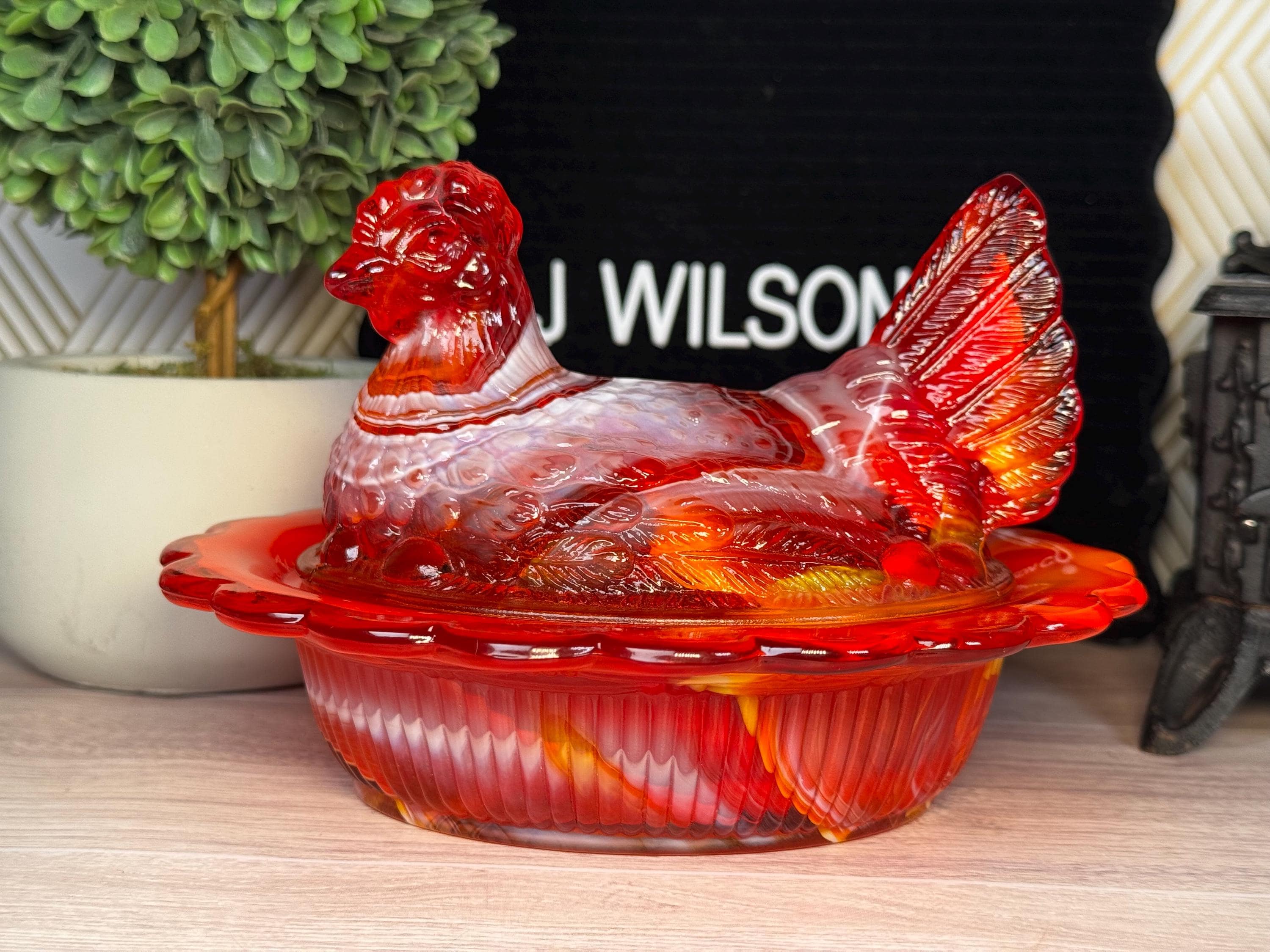 モッサーグラス（Mosser Glass）　鶏　ジェダイ　小物入れ　ガラス RARE VTG Mosser Glass Company Red Orange Slag Swirl Marble UV