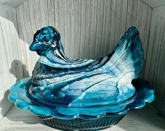 MCM Super RARE Vintage Mosser Glass Bermuda Blue Slag Split Tail Glass Hen on Nest Nut Candy Dish