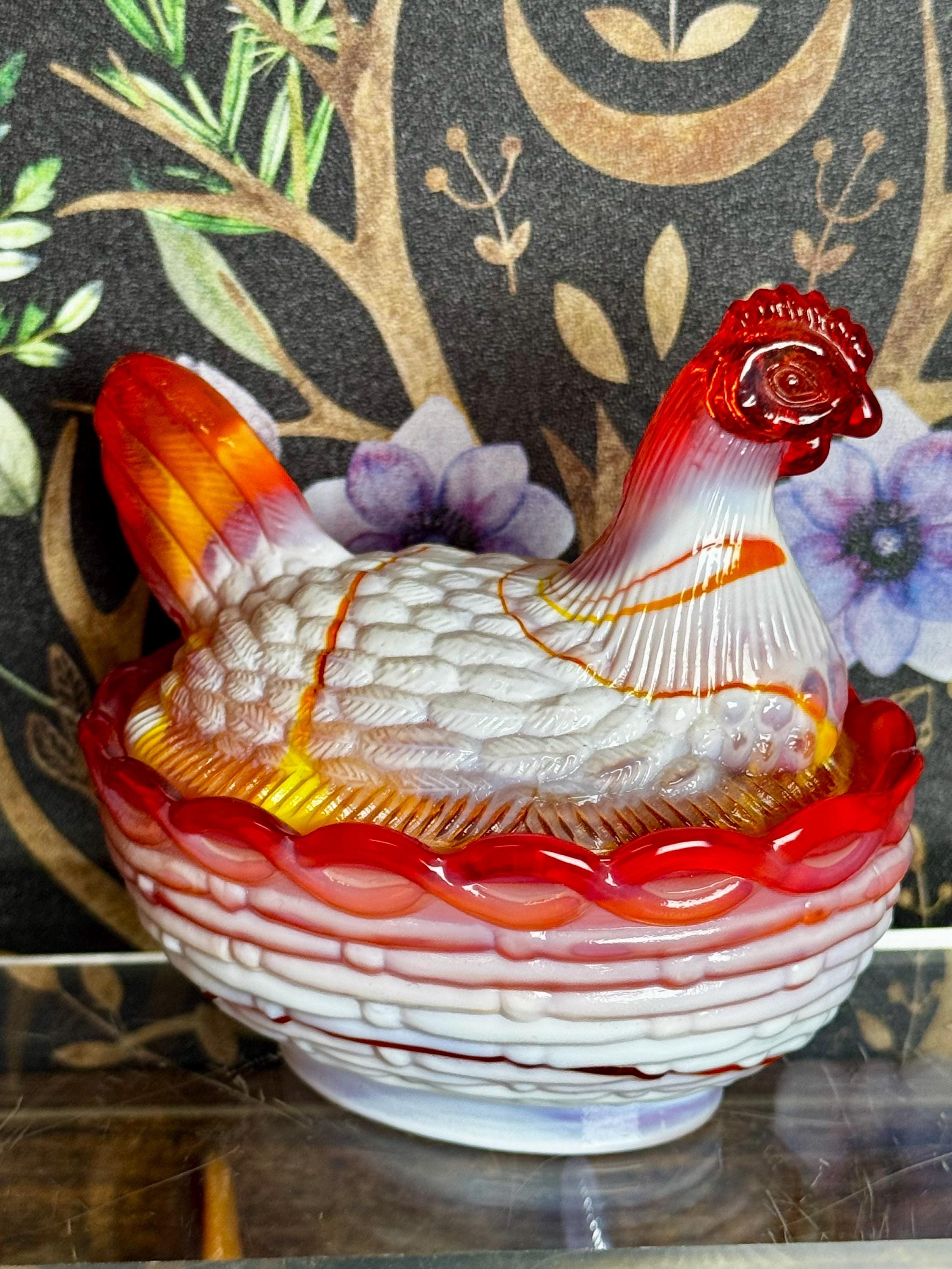 RARE Vintage Mosser Glass Red Slag UV Glass 4” Hen on Nest Candy