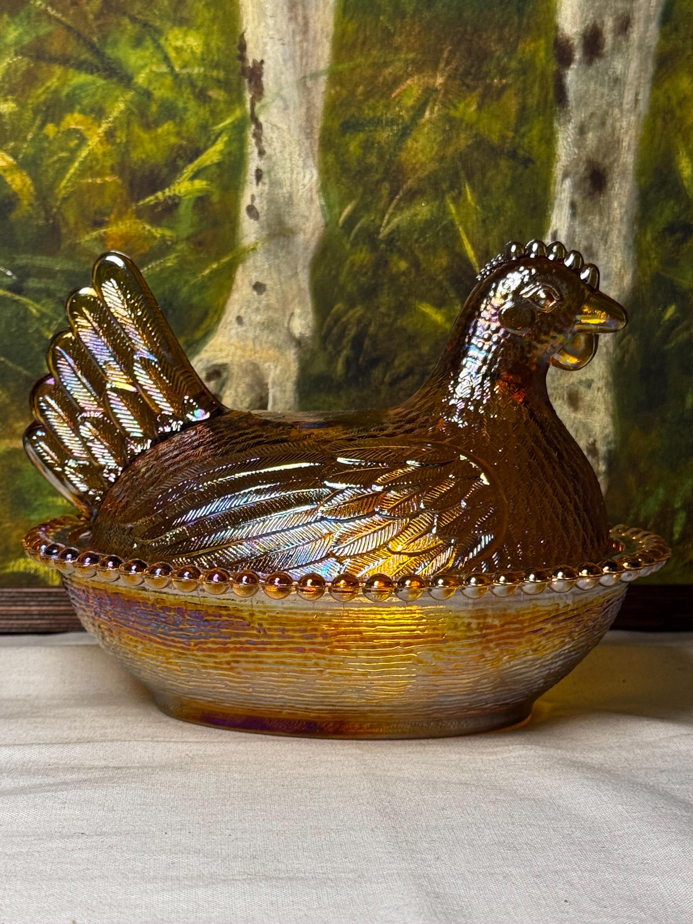 MCM Vintage Indiana Glass Company Golden Carnival Iridescent Hen