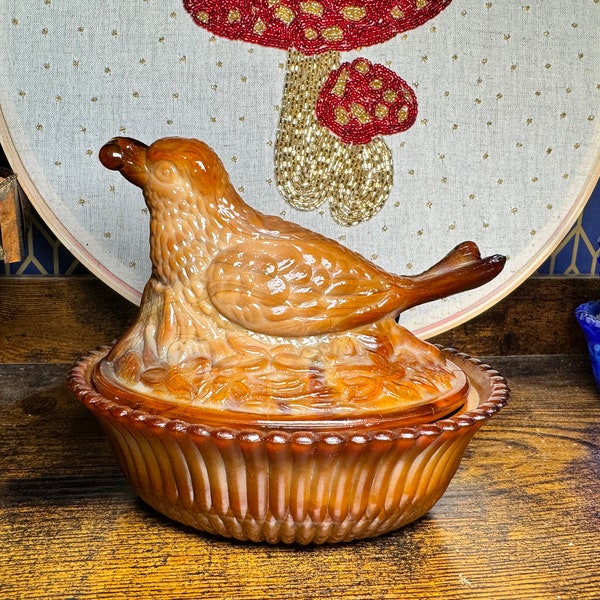 Vintage Boyd’s Crystal Art Glass Chocolate Brown Caramel Slag Glass Bird with Berry on Nest Candy Nut Dish 3-10-1980