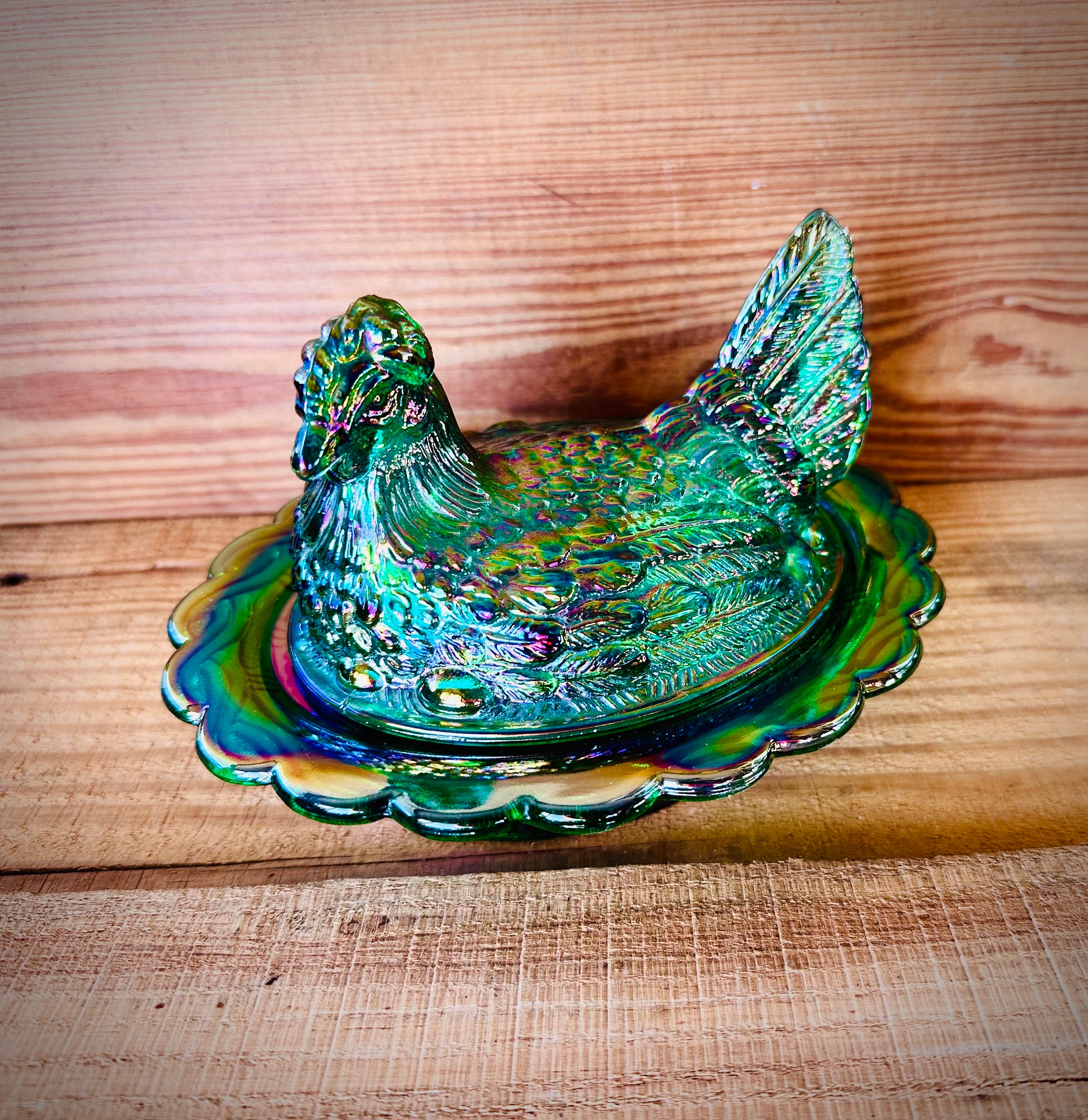 MCM Vintage Mosser Glass Emerald Green Carnival Glass Hen on Nest