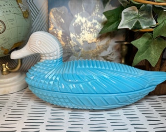 Vintage Fenton for LG Wright Glass Atterbury Blue & Milk Slag Glass Duck Covered Dish