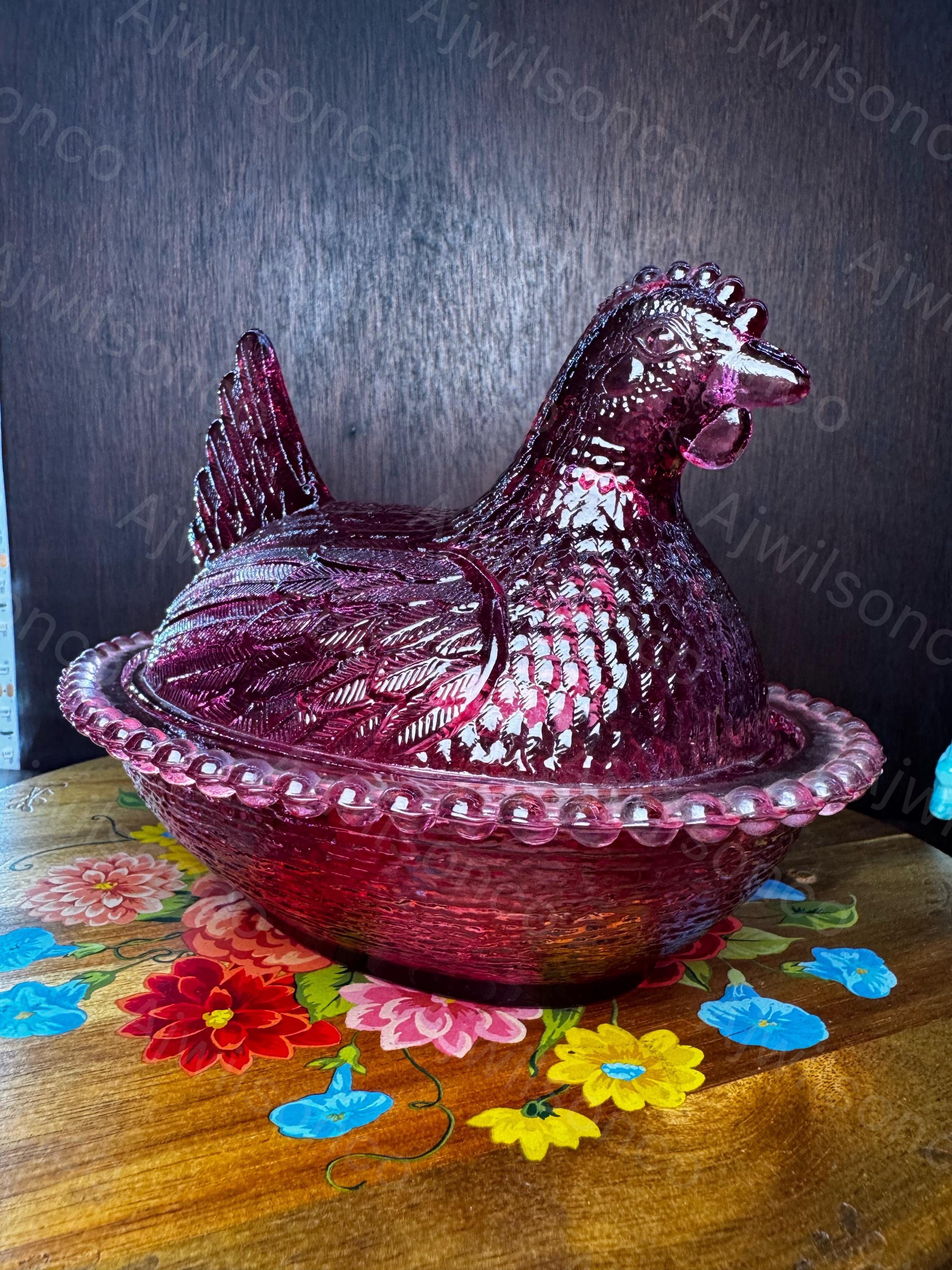 MCM Rare Vintage Indiana Glass Company Cranberry Glass Hen on Nest