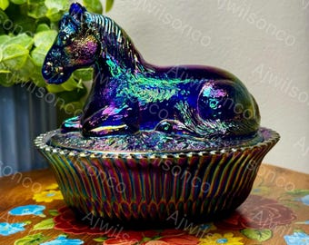 Vintage Summit Art Glass Cobalt Carnival Glass Horse on Nest Candy