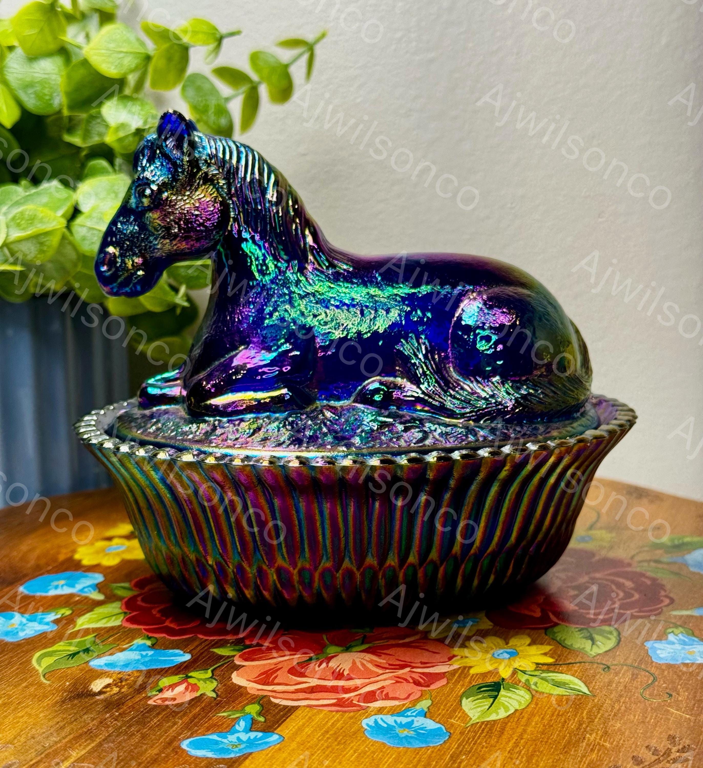 Xodas ゴブレット Goblet ボロシリケイトガラス Fire Horse Vintage Summit Art Glass Cobalt Carnival Glass Horse on Nest Candy