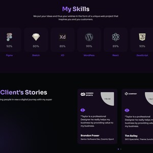 May include: A website screenshot showing a dark background with a purple and white color scheme. The website features a section titled "My Skills" with icons representing different programming languages and their proficiency levels. The website also features a section titled "My Client's Stories" with two testimonials from clients.