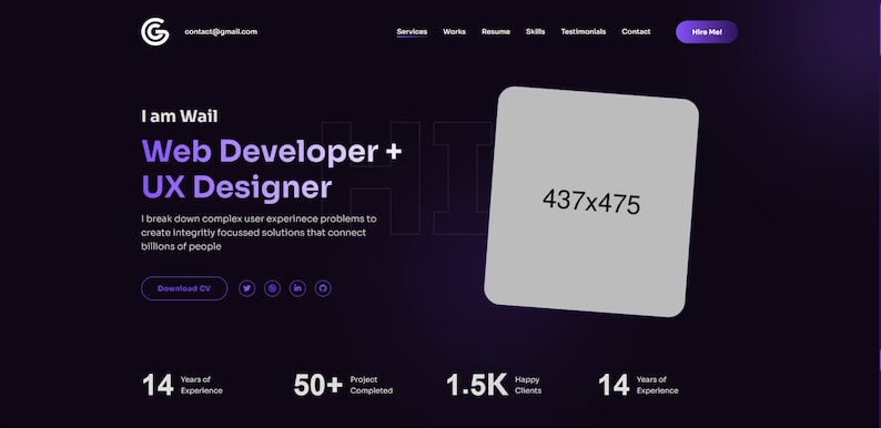 May include: A dark purple website with a white square in the center. The square has the text "437x475" inside. The website has the text "I am Wail" and "Web Developer + UX Designer" in white. The website also has the text "Download CV" and social media icons.