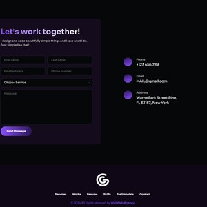 May include: A purple contact form with the text "Let's work together!" and fields for first name, last name, email address, phone number, choose service, and message. There is a button that says "Send Message". Below the form is a purple circle with the text "Phone" and a phone number. Below that is a purple circle with the text "Email" and an email address. Below that is a purple circle with the text "Address" and an address.