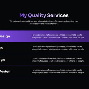 May include: A purple and white graphic design services menu with the text "My Quality Services" at the top. The menu lists four services: Branding Design, Web Design, UI/UX Design, and Graphics Design. Each service is described as "I break down complex user experience problems to create integrity focused solutions that connect billions of people."