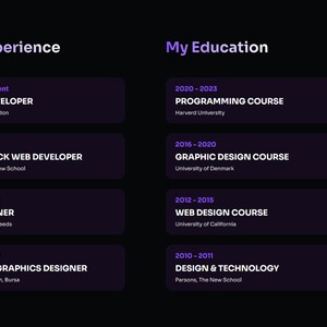 May include: A black and white graphic design resume with the headings "My Experience" and "My Education". The resume lists work experience and education in chronological order.