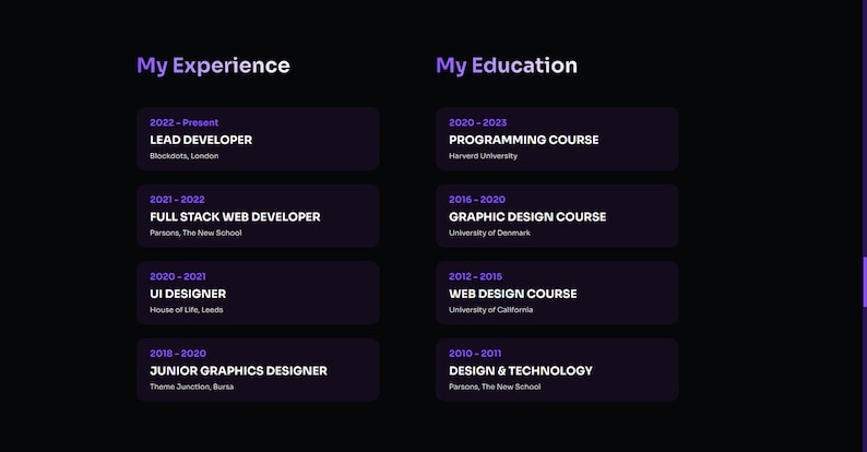 May include: A black and white graphic design resume with the headings "My Experience" and "My Education". The resume lists work experience and education in chronological order.
