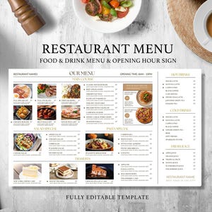 Plantilla de menú de restaurante moderno, plantilla de menú horizontal, lista de precios de plantilla de menú editable, menú minimalista, letrero de bienvenida de restaurante