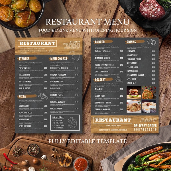 Plantilla editable de menú de restaurante, plantilla de menú para llevar, menú para llevar, lista de precios de menú, cartel de apertura de restaurante, cartel de bienvenida de restaurante