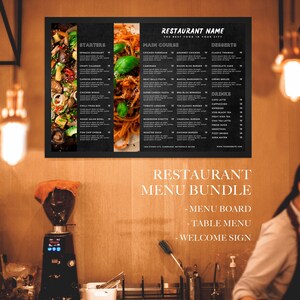 Paquete de plantillas de tablero de menú de restaurante moderno, plantilla de menú editable, plantilla de menú horizontal, tablero de pared de menú, cartel de bienvenida del restaurante