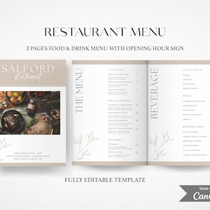 Plantilla de menú moderno / Paquete de plantillas de menú de restaurante mínimo / Lista de precios de plantilla de menú editable / Plantilla de signo de bienvenida / Menú tamaño A4