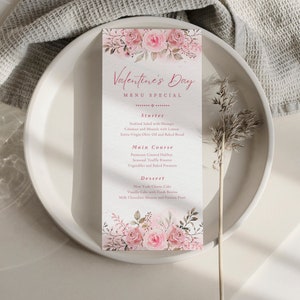 Plantilla de menú de San Valentín, tarjeta de menú de San Valentín moderna, menú de San Valentín imprimible, menú de cena de San Valentín, menú floral editable
