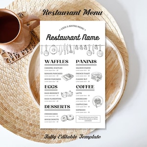Plantilla de menú de cafetería de restaurante / Plantilla de menú de cafetería editable / Lista de precios de plantilla de menú / Tamaño de signo de horario de apertura / Menú A4