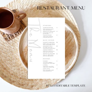 Paquete de menú de restaurante mínimo, plantilla de menú de restaurante, menú moderno, lista de precios de plantilla de menú editable, signo de horario de apertura del restaurante