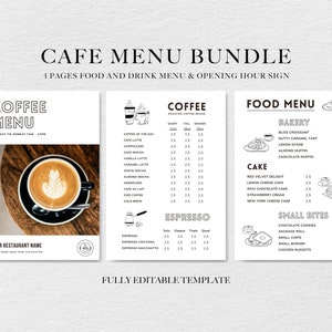 Pacote de modelo de menu de café, modelo de menu de café minimalista, lista de preços de menu de café, menu de restaurante moderno, sinal de horário de funcionamento do restaurante