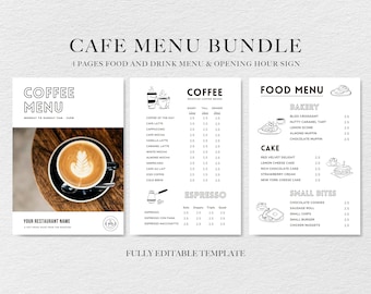 Cafe Menu Template Bundle, Minimalist Cafe Menu template, Coffee Menu Price List, Modern Restaurant Menu, Restaurant Opening Hours Sign