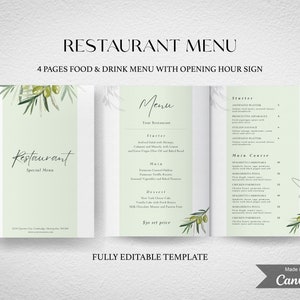 Greenery Restaurant Menu Template Bundle, Minimal Green Menu Editable Template, Modern Restaurant Menu Price List, Restaurant Welcome Sign