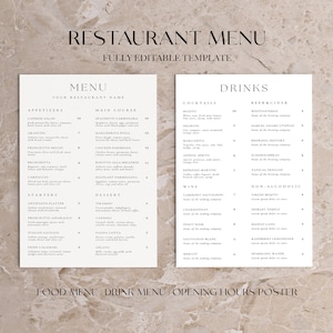 Paquete de menú de restaurante mínimo / Plantilla de menú de restaurante / Lista de precios de plantilla de menú editable / Menú minimalista / Menú tamaño 8.5X14