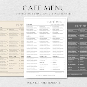 Paquete de plantillas de menú de cafetería, plantilla de menú de cafetería minimalista, menú de restaurante mínimo, menú de restaurante moderno, cartel de horario de apertura del restaurante