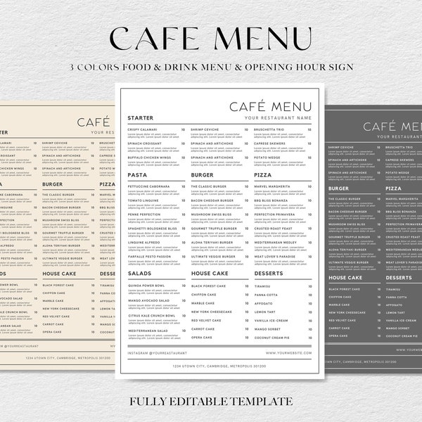 Cafe Menu Template Bundle, Minimalist Cafe Menu template, Minimal Restaurant Menu, Modern Restaurant Menu, Restaurant Opening Hours Sign