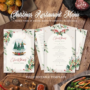 Paquete de plantillas de menú de restaurante de Navidad, plantilla de menú de restaurante moderno, lista de precios de menú de Navidad editable, cartel de bienvenida de Navidad
