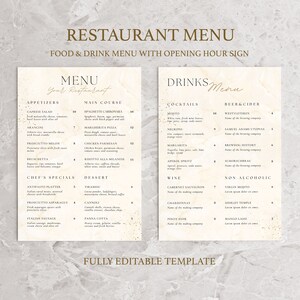 Paquete de plantillas de menú de restaurante elegante, plantilla editable de menú moderno, lista de precios de menú, cartel de horario de apertura, cartel de bienvenida del restaurante