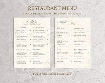 Elegant Restaurant Menu Template Bundle, Modern Menu Editable Template, Menu Price List, Opening Hours Sign, Restaurant Welcome Sign