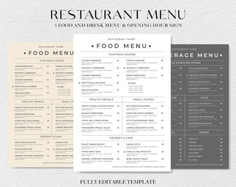 Minimal Restaurant Menu Bundle, Restaurant Menu Template, Modern Menu, Editable Menu Template Price List, Restaurant Opening Hours Sign