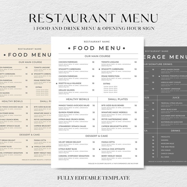 Minimales Restaurant-Menü-Bundle, Restaurant-Menü-Vorlage, modernes Menü, bearbeitbare Menüvorlage Preisliste, Restaurantöffnungszeiten-Zeichen