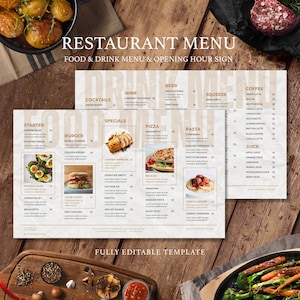 Plantilla de menú de restaurante moderno, plantilla de menú horizontal, lista de precios de plantilla de menú editable, menú minimalista, cartel de bienvenida del restaurante