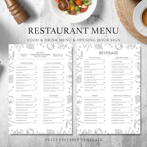 Paquete de plantillas de menú de restaurante moderno, plantilla de menú editable, lista de precios de plantillas de menú editables, menú minimalista, letrero de bienvenida para restaurante