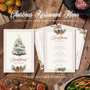 Weihnachtsmenü-Vorlagen-Bundle, moderne Restaurant-Menü-Vorlage, bearbeitbare Weihnachtsmenü-Preisliste, Weihnachts-Willkommensschild