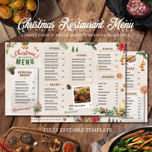 Kerstrestaurant menusjabloonbundel, landschapsrestaurantmenusjabloon, bewerkbare menusjabloon prijslijst, restaurant welkomstbord