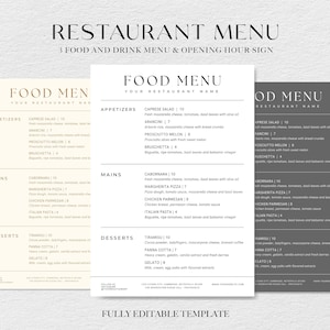 Paquete de plantillas de menú de restaurante, menú de restaurante minimalista, lista de precios de plantilla de menú editable, menú de cafetería minimalista, cartel de horario de apertura