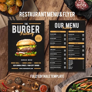 Paquete de plantillas de menú de hamburguesas de restaurante / Folleto de restaurante clásico / Lista de precios de plantilla de menú editable / Plantilla de signo de bienvenida / Menú tamaño A4