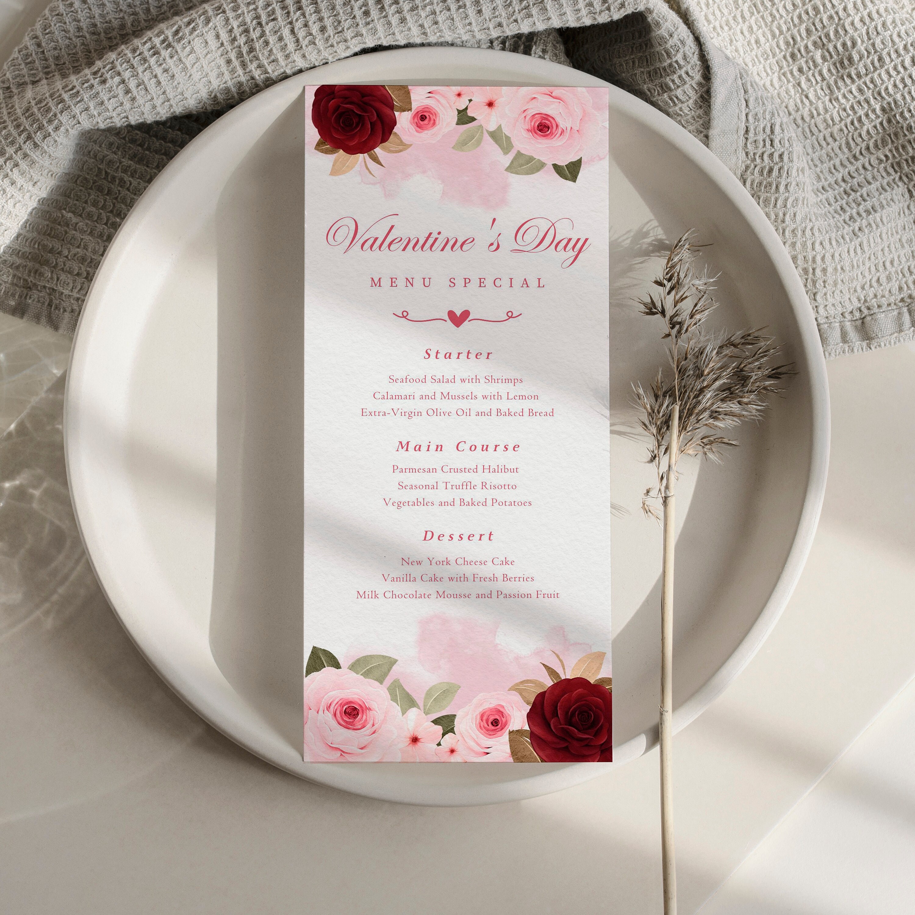 Valentine's Day Menu Template, Modern Valentine Menu Card, Printable ...