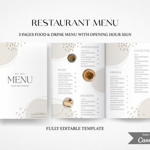 Paquete de plantillas de menú de restaurante moderno, plantilla de menú Boho, lista de precios de plantilla de menú editable, menú minimalista, cartel de bienvenida del restaurante
