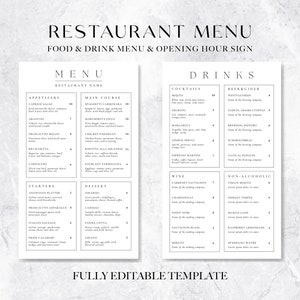 Paquete de menú de restaurante mínimo / Plantilla de menú de restaurante / Lista de precios de plantilla de menú editable / Menú minimalista / Menú tamaño 8.5X14