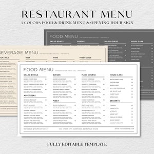 Plantilla de menú de restaurante moderno, plantilla de menú horizontal, lista de precios de plantilla de menú editable, menú minimalista, cartel de bienvenida del restaurante