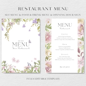 Paquete de plantillas de menú de restaurante floral, plantilla editable de menú mínimo, menú de restaurante, cartel de horario de apertura del restaurante, cartel de bienvenida