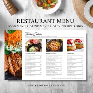 Paquete de plantillas de menú de restaurante moderno, plantilla de menú horizontal, lista de precios de plantillas de menú editables, letrero de bienvenida para restaurante